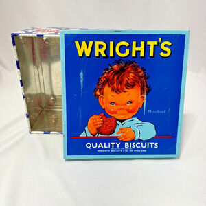 Rare Wrights Quality Biscuits Art Litho Tin Box Mischief Boy Ships From USA